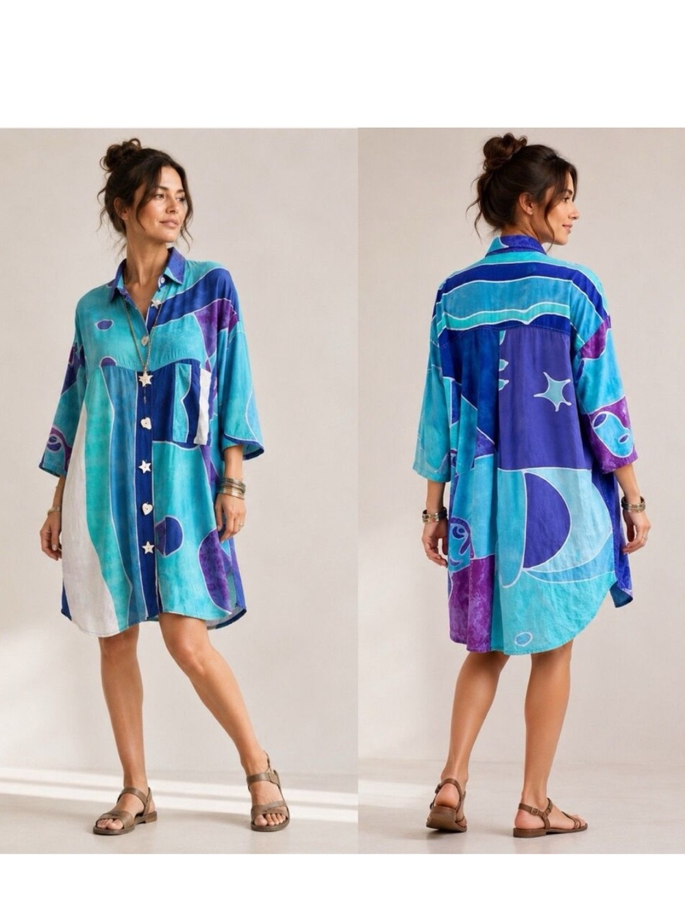 Vintage Tropical Tantrum Hawaii Tunic Top OS Women’s Button Up Shirt Artsy Rayon
